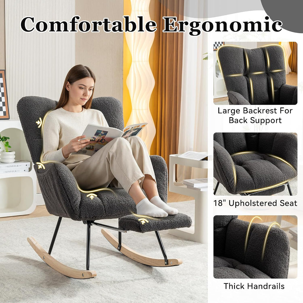 Modern Teddy Fabric Leisure Rocking Chair with Adjustable Footstool, High Backrest, Storage Pocket On The Right Side, Nursery Rocking Chair for Living Room, Bedroom, Nursing Room, Gray