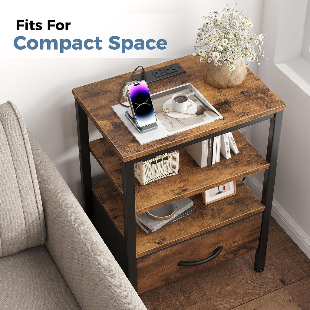 OLIXIS Nightstand with Charging Station, Beside Table with Fabric Drawer | 3-Tier End Table with 2 Storage Shelves,Night Stand with USB Ports and Outlets for Bedroom, Rustic Brown