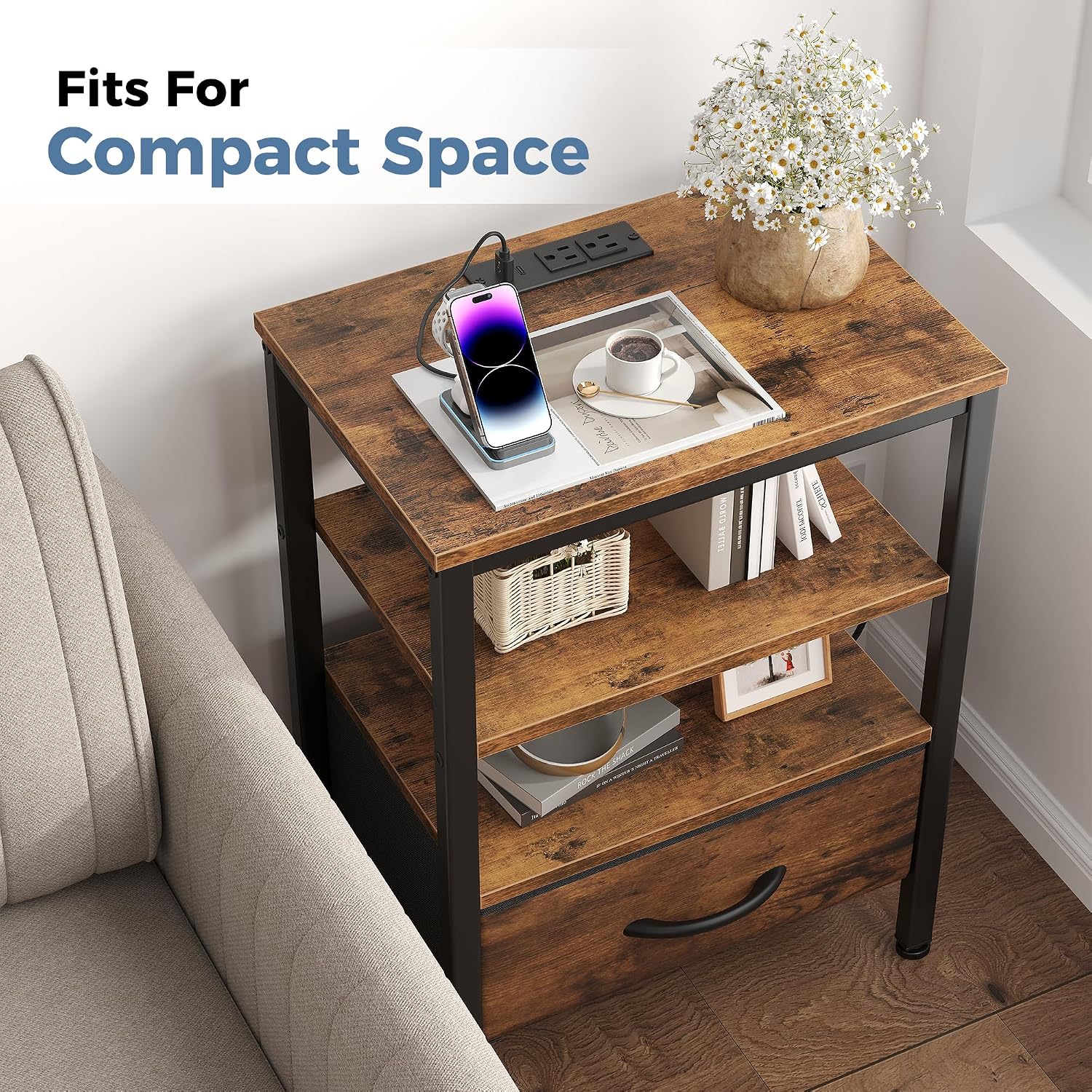 OLIXIS Nightstand with Charging Station, Beside Table with Fabric Drawer | 3-Tier End Table with 2 Storage Shelves,Night Stand with USB Ports and Outlets for Bedroom, Rustic Brown