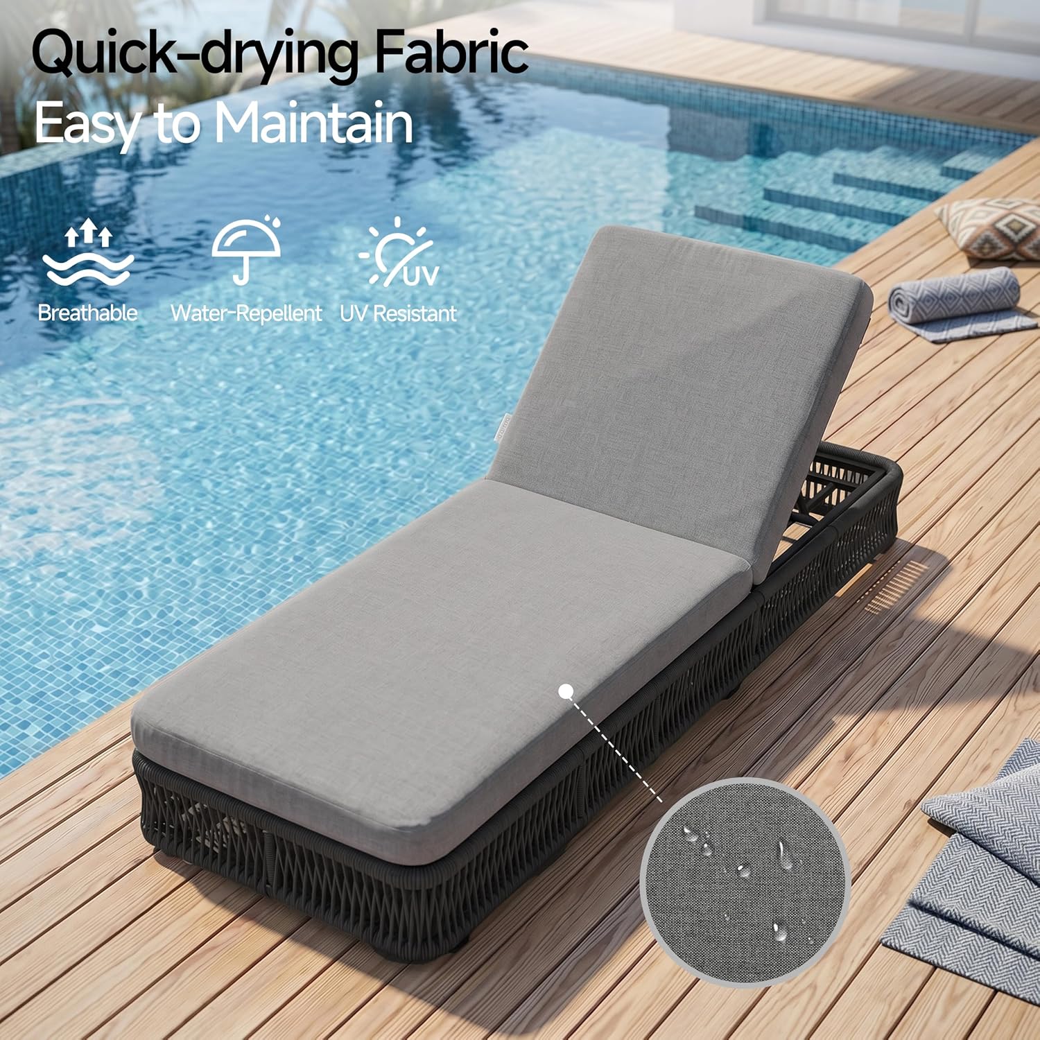Outdoor Chaise Lounge Chair, Black Woven Rope Patio Recliner with 5-Position Adjustable Backrest, Pool Sunbathing Lounge Chair with Gray Removable Cushions for Poolside, Beach