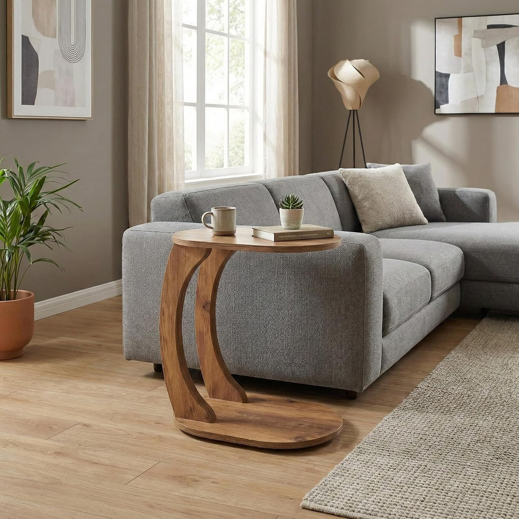 Modern Oval C-Shaped Side Table, Curved Wood End Table