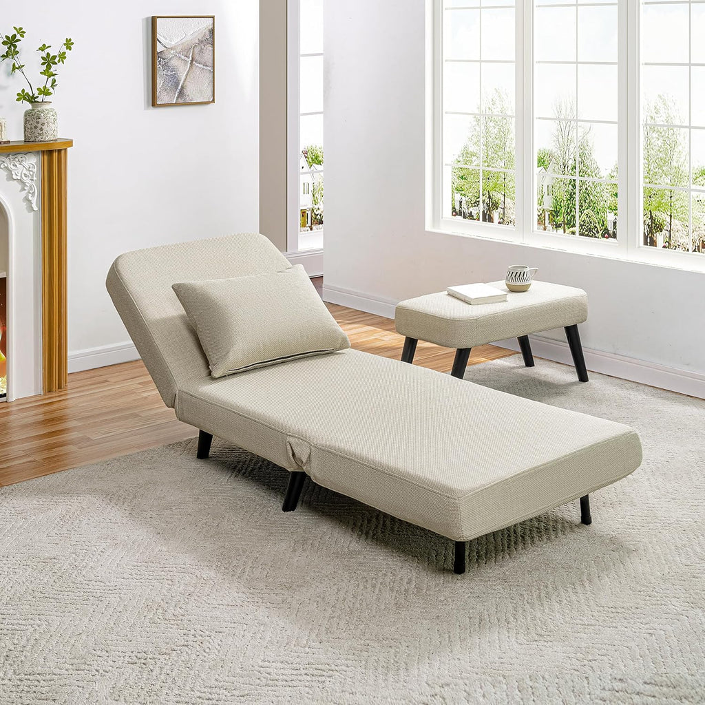 3 in 1 Foldable Sleeper Chair Bed, Convertible Sofa Bed with Adjustable Backrest, Footrest & Detachable Pillow, Linen Chaise Lounge, Accent Chair for Living Room, Bedroom and Office (Beige)