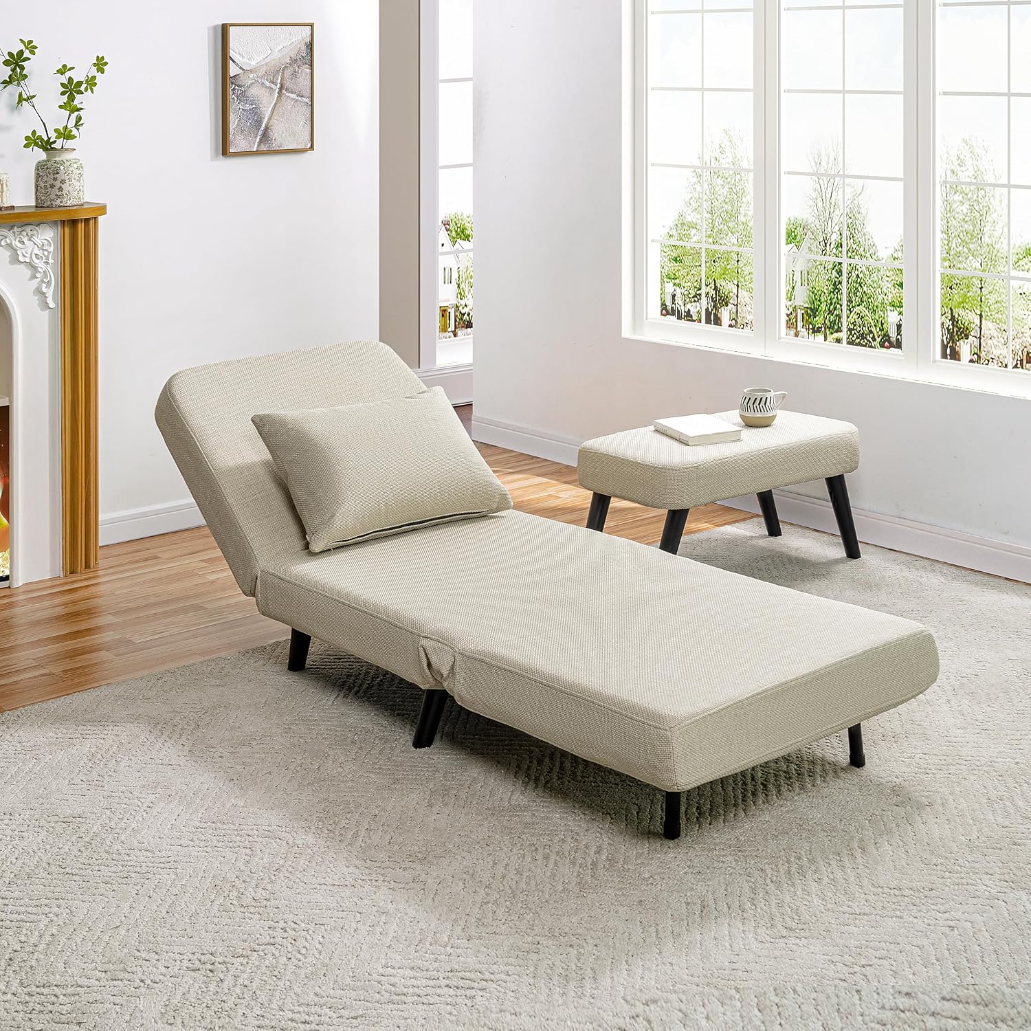 3 in 1 Foldable Sleeper Chair Bed, Convertible Sofa Bed with Adjustable Backrest, Footrest & Detachable Pillow, Linen Chaise Lounge, Accent Chair for Living Room, Bedroom and Office (Beige)