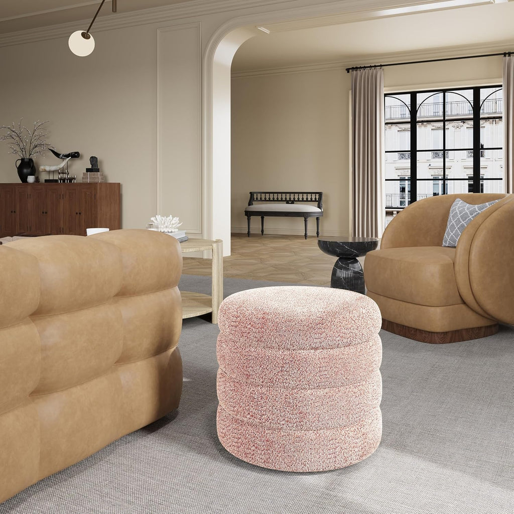 allamazing Storage Ottoman, Round Ottoman with Storage, Vanity Stool Foot Rest with Removable Lid, Round Boucle Upholstered for Living Room Pouf Footstool (Pink)