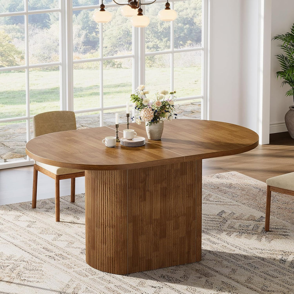 Tribesigns 47.24" Oval Dining Table, Rustic Wooden Kitchen Table with Wooden Base for 4, Small Farmhouse Dinner Table for Home Dining Room, Kitchen, Living Room, Brown
