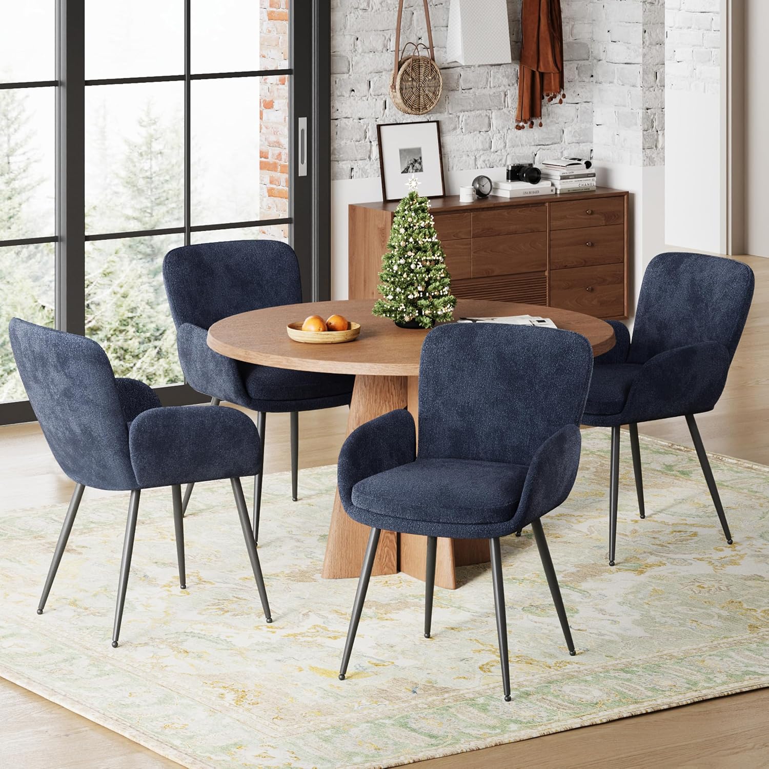 VKNOW Modern Dining Chairs Set of 4, Upholstered Dining Room Chair with Armrest, Kitchen Chairs with Curved Ergonomics Backrest for Living Room, Dining Room, Kitchen, Navy Blue