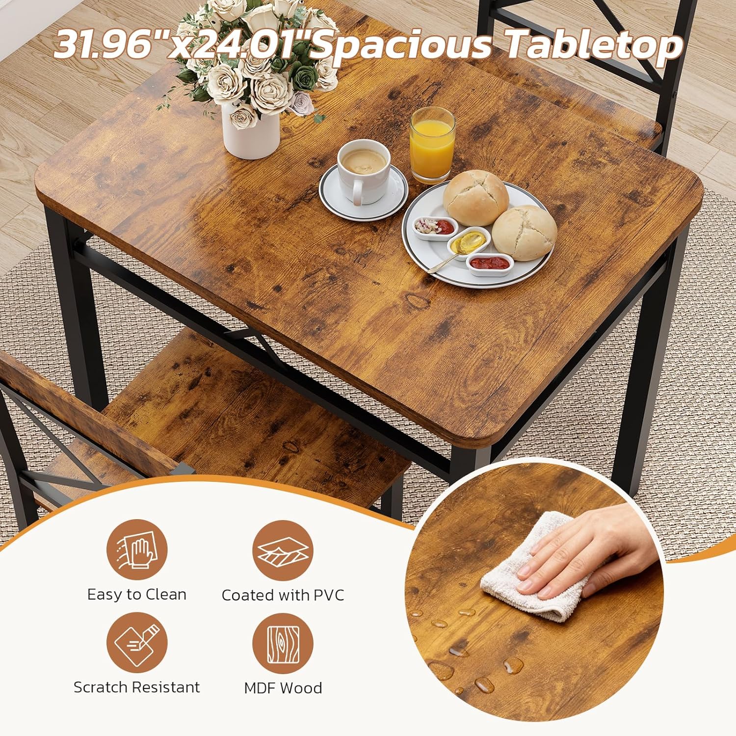 Zevemomo 3-Piece Dining Table Set, Dining Table for 2, Small Table and Chairs Set of 2, Breakfast Nook Table Set with 2 Curved Backrest Chairs, for Small Spaces & Apartment-Brown
