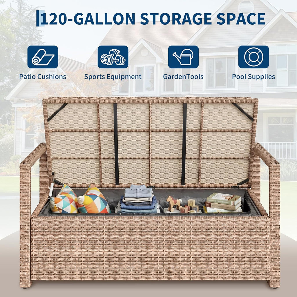 75 Gallon Outdoor Storage Bench, 2-Seater PE Rattan Deck Box with Cushion & Backrest, Waterproof Patio Seat with Acacia Wood Armrests & Metal Frame for Porch, Backyard, Garden, Poolside