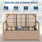 75 Gallon Outdoor Storage Bench, 2-Seater PE Rattan Deck Box with Cushion & Backrest, Waterproof Patio Seat with Acacia Wood Armrests & Metal Frame for Porch, Backyard, Garden, Poolside