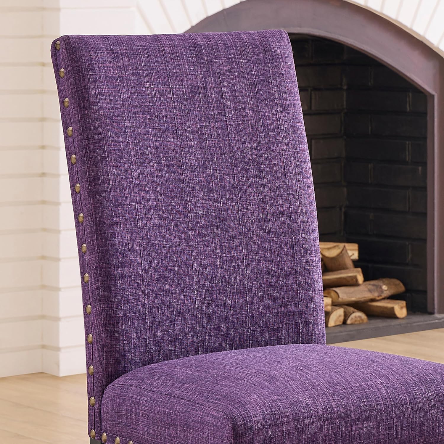Roundhill Furniture Biony Espresso Wood Dining Set with 4 Fabric Nailhead Chairs, Purple
