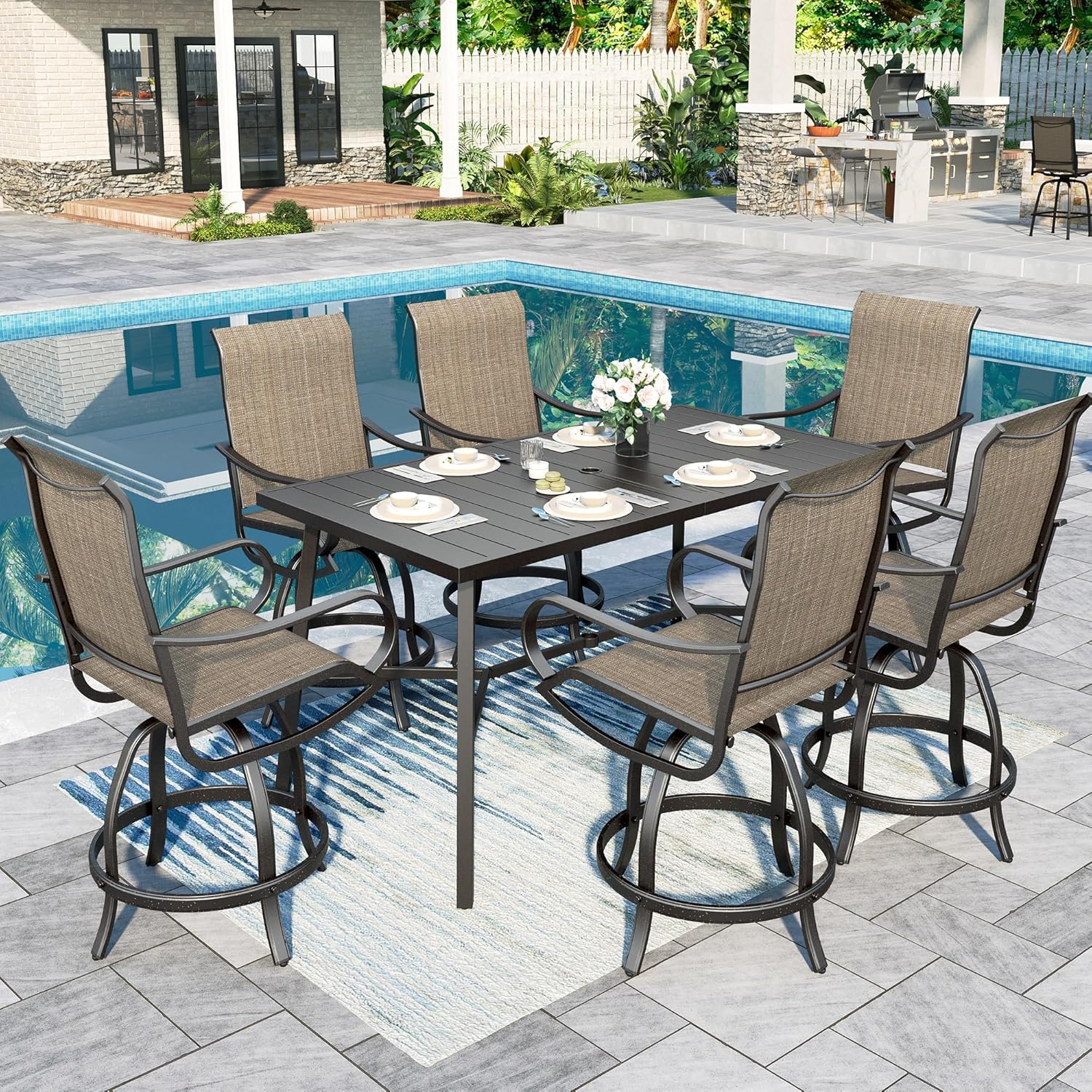 Sophia and William Patio Bar Stools Counter Height, Set of 2, Swivel Bar Chairs, Supports 300 lbs (Brown Fabric)