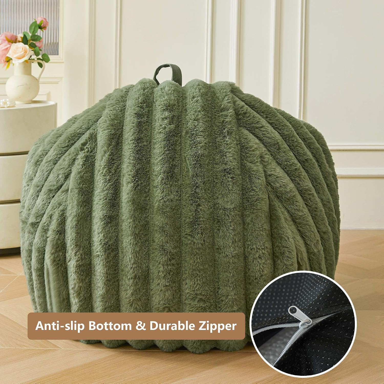 MEGO Kids Fluffy Faux Rabbit Fur Bean Bag Chair Cover(No Filler), Cozy Moss Shaggy Striped Stuffed Animal Storage Bean Bag for Plush Toys, Fuzzy Ribbed Beanbag Cover Kids Girls Teens Adult, Sage Green