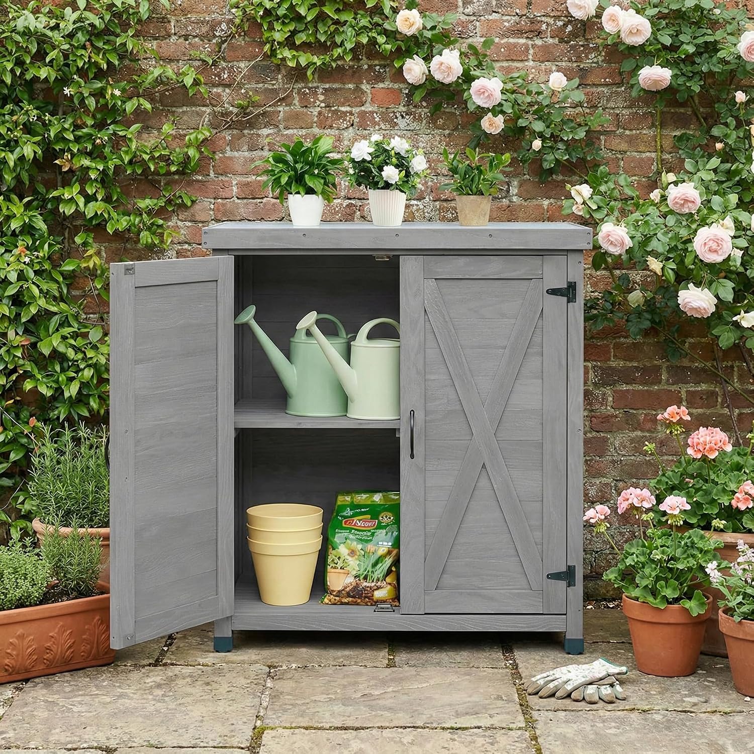 31" Weatherproof Small Storage Cabinet, Storage Cabinets with Water-Based Paint, Tool Cabinet with Magnetic Door for Patio & Garage, Gray