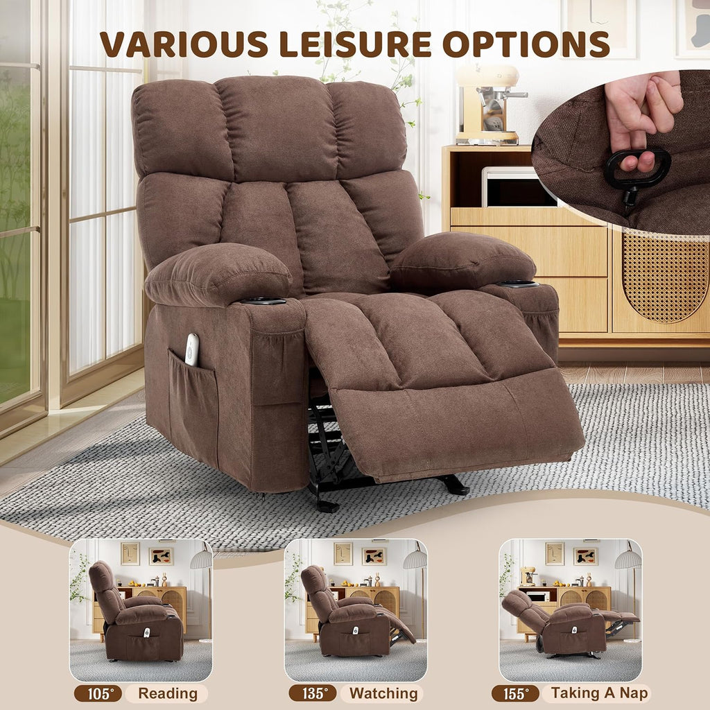 Massage Rocking Recliner Chair, Ergonomic Recliners Sofa with Vibration Massage & Heat, Rocking Chair Nursery Chair for Living Room Lounge with 4 Pockets, 2 Cup Holders, USB Charge Port, Brown