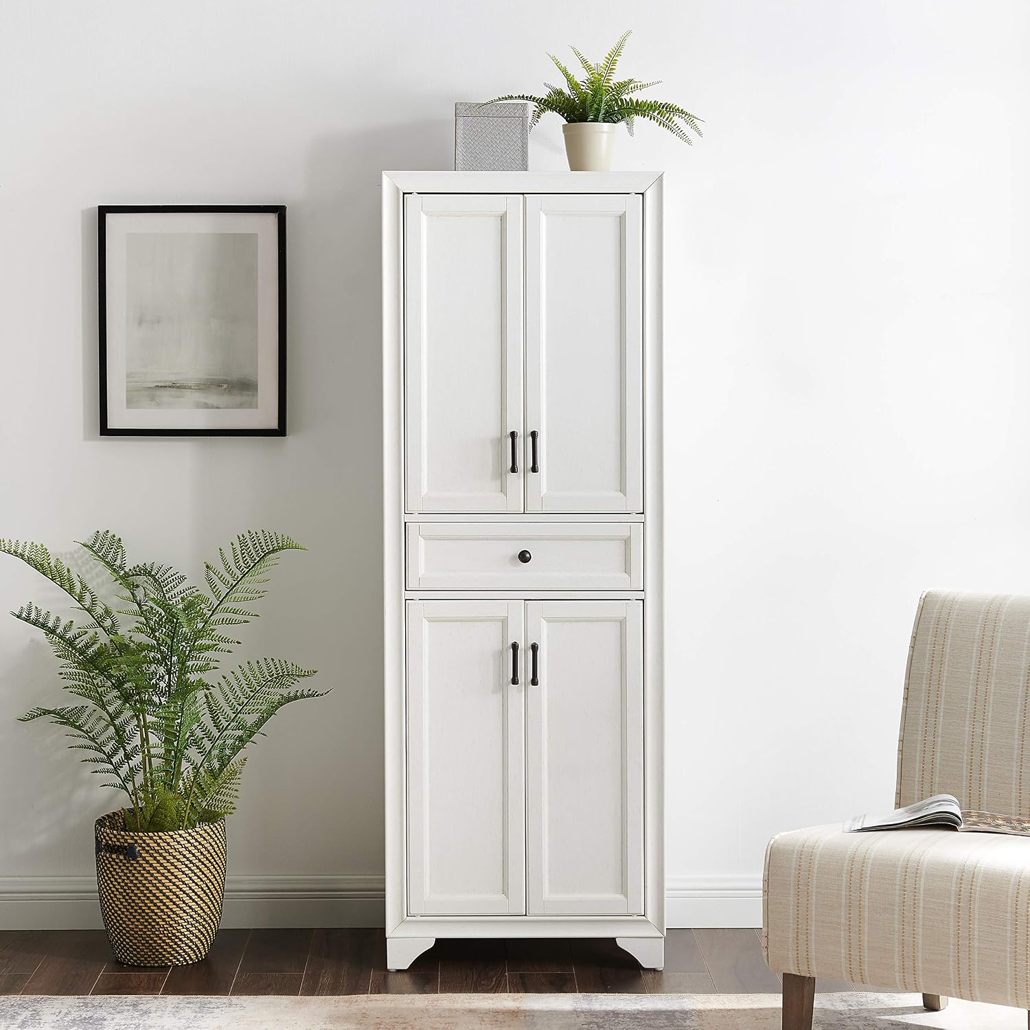 Crosley Furniture Tara Pantry Storage Cabinet with Shelves, Kitchen, Dining, or Laundry Room, Distressed White