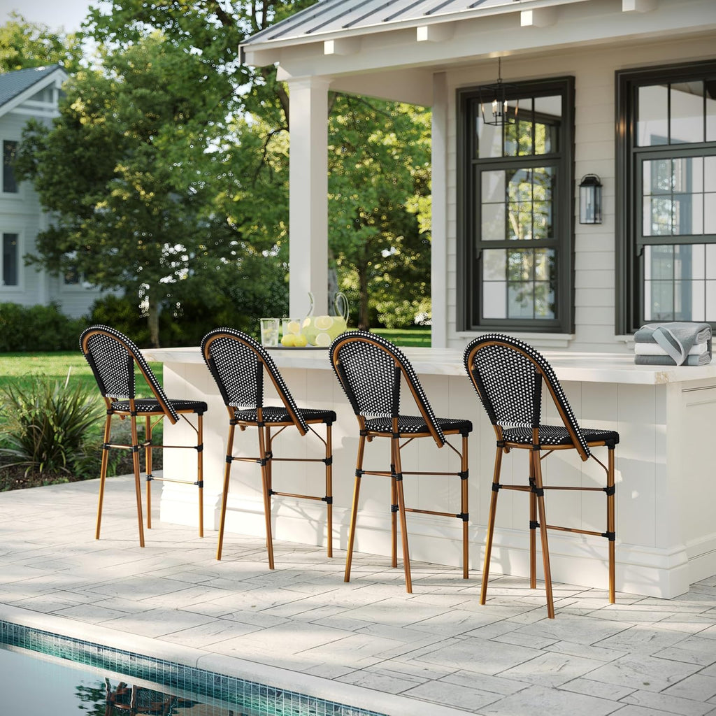 Martha Stewart Lily Pond Indoor-Outdoor Stackable Bar Stools with Natural Woodgrain Aluminum Frame Finish, Black/White Woven Rattan Backrests and Seats, Set of 2
