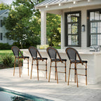 Martha Stewart Lily Pond Indoor-Outdoor Stackable Bar Stools with Natural Woodgrain Aluminum Frame Finish, Black/White Woven Rattan Backrests and Seats, Set of 2