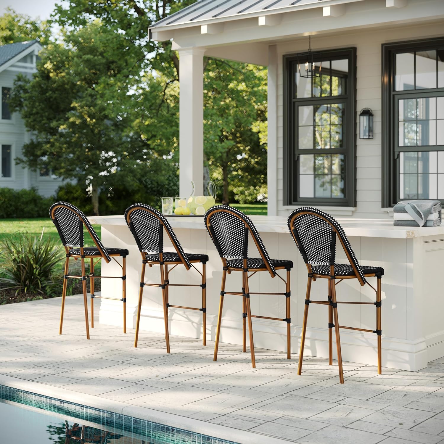 Martha Stewart Lily Pond Indoor-Outdoor Stackable Bar Stools with Natural Woodgrain Aluminum Frame Finish, Black/White Woven Rattan Backrests and Seats, Set of 2