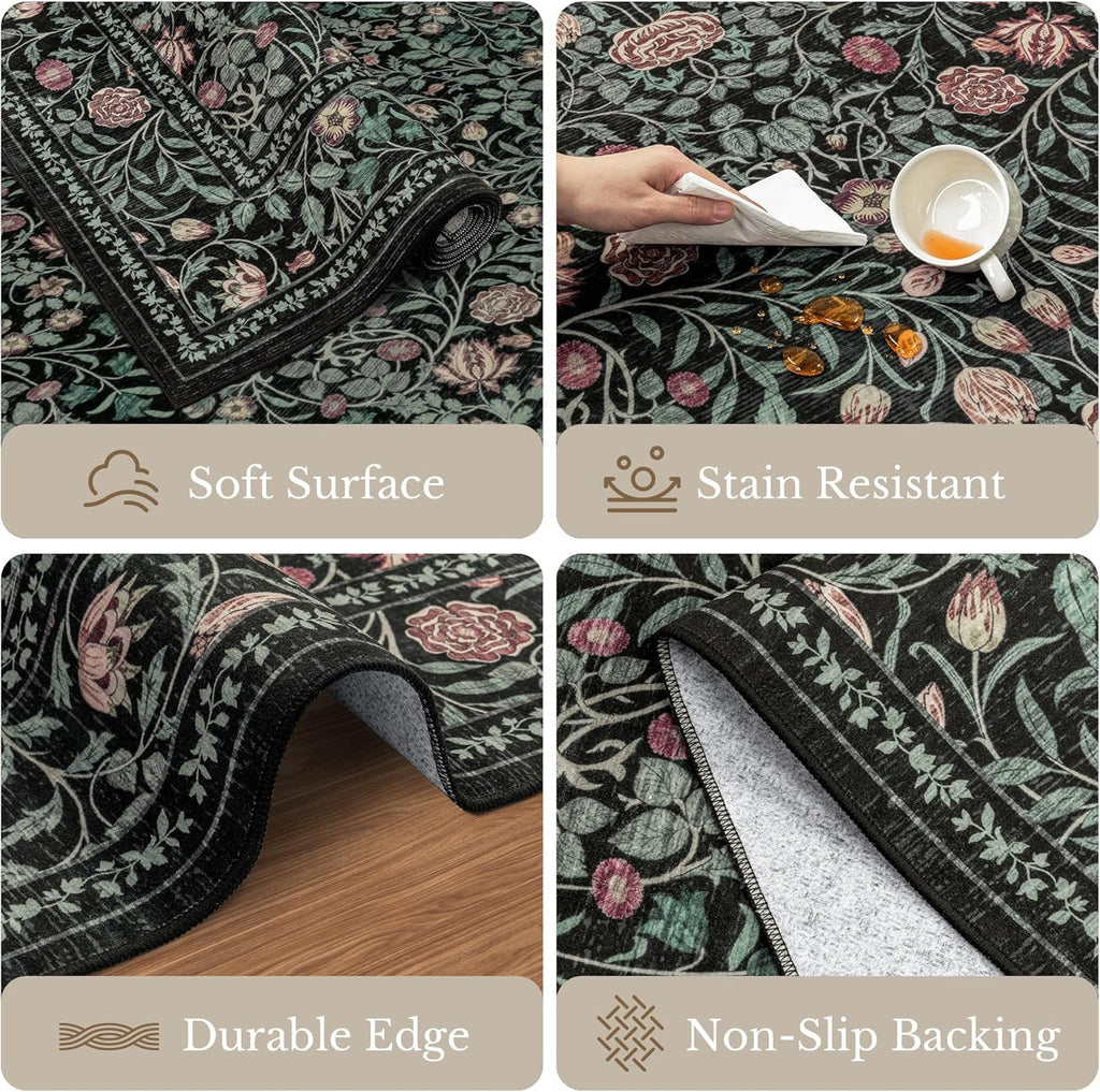 5x7 Area Rugs Living Room Rug: Floral Washable Rug Vintage Boho Soft No Slip Stain Resistant Carpet Indoor Floor Throw Carpets for Bedroom Hallway Nursery Dining Room Playroom Dark Green Black