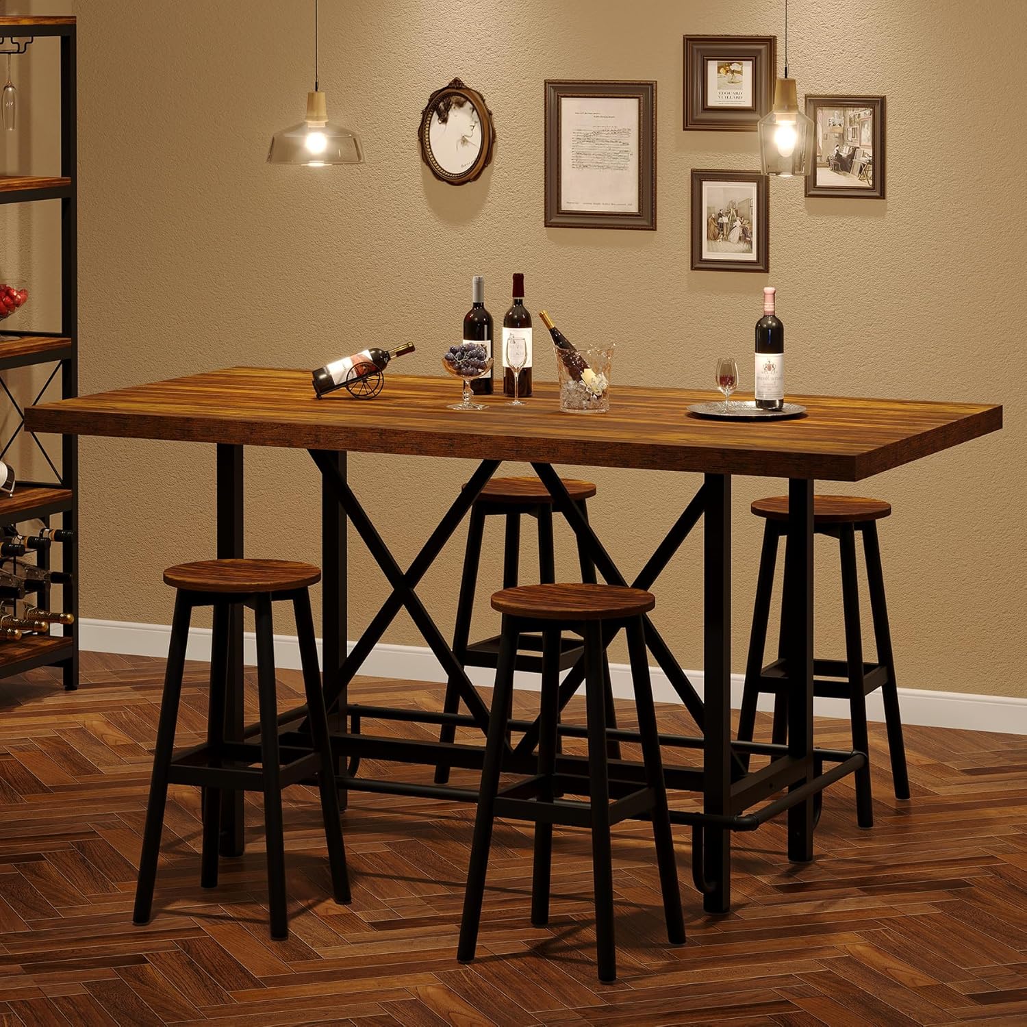 Tribesigns Bar Table, Industrial Counter Height Pub Table with Metal Footrest, 63-Inch Rectangle Wood Kitchen Dining Table with Sturdy Metal Frame for Dining Room, Home Bar (Brown)