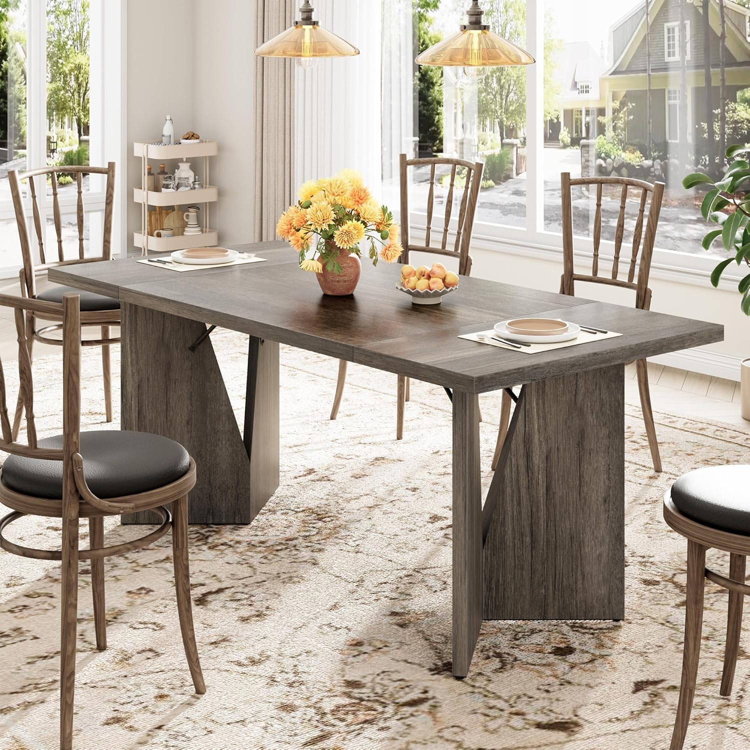 70.9'' Rectangular Dining Table for 6-8, Farmhouse Wooden Thickened Long Desk with Sturdy Frame and v Leg, Rectangular Kitchen Table for Dining Room, Kitchen, Living Room, Office, Grey
