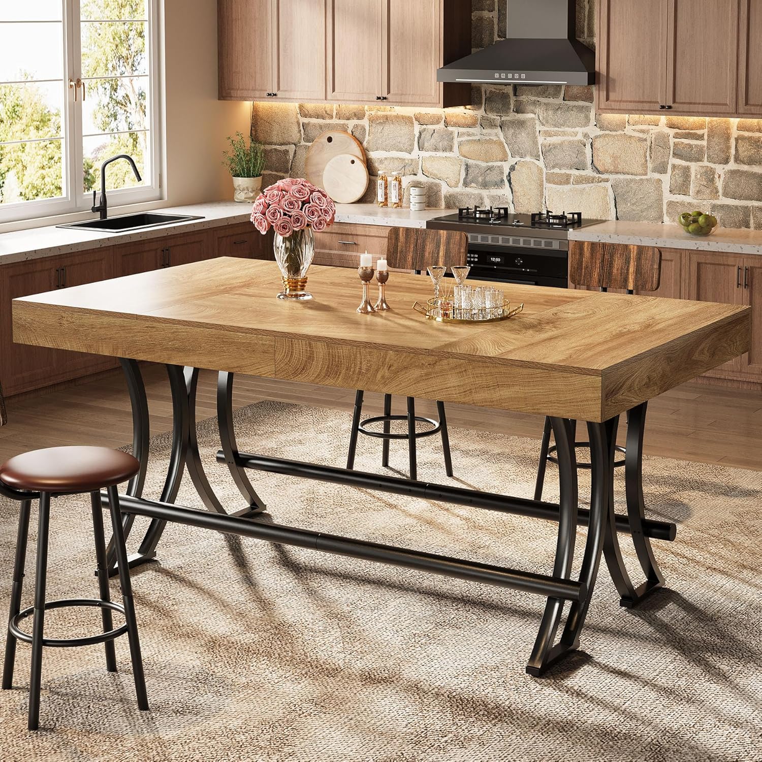 Tribesigns 63" Counter Height Bar Table with Metal Footrest, Rectangular Tall Kitchen Dining Pub Table, Industrial Home Bar Unit for Entertaining, Freestanding, Rustic Brown