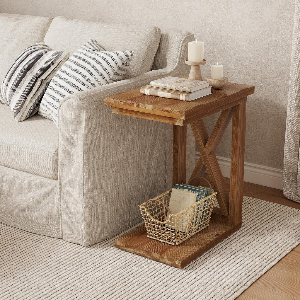 LITTLE TREE Solid Wood End Table, 2-Tier C Shaped Side Table with Open Storage Shelf, Solid Wood Sofa Side Table Accent Table for Living Room, Simple Nightstand Bedside Table for Bedroom, Brown