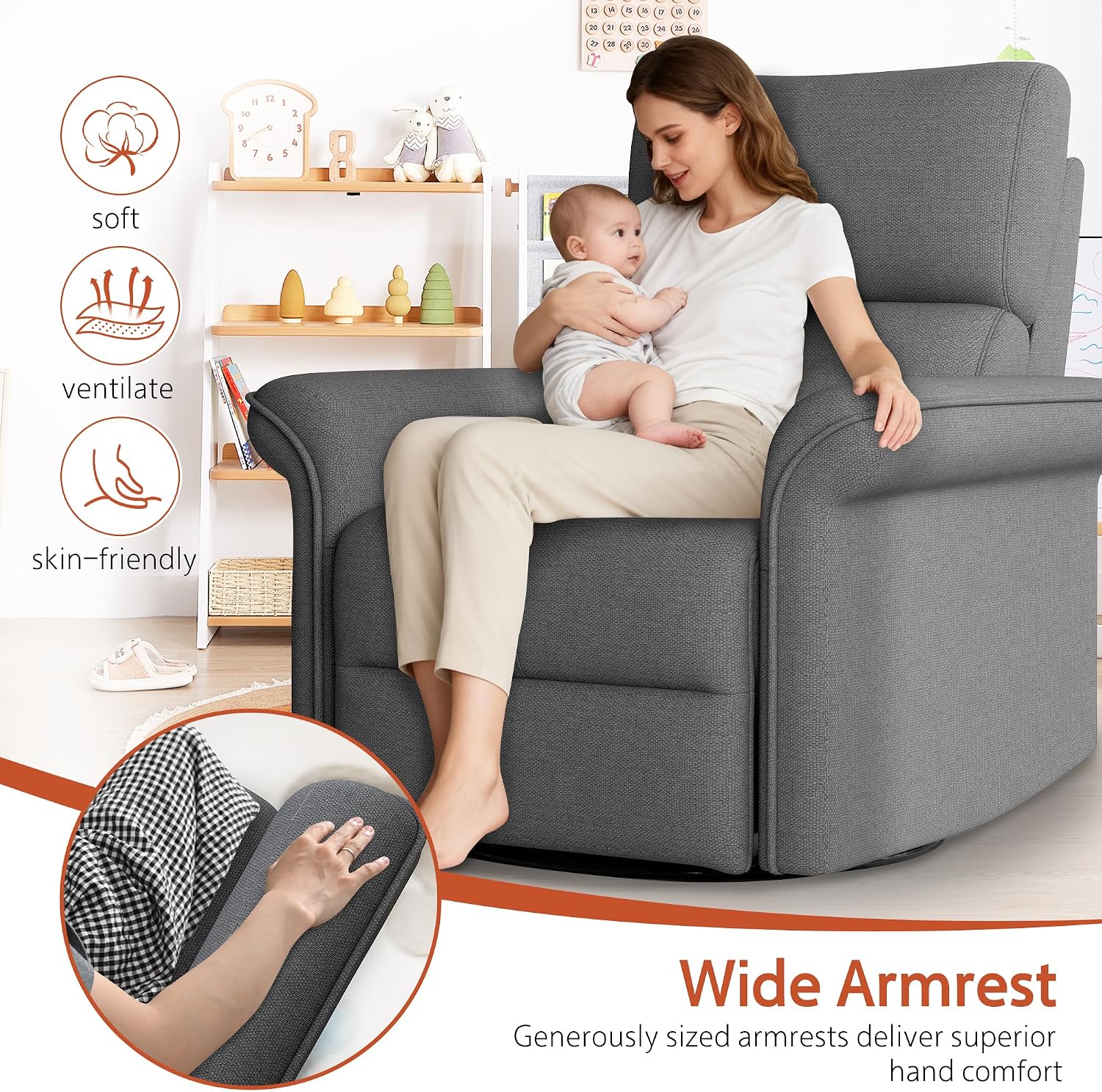 Rocker Chair, Nursery, Dark Gray Fabric Chair, 270 Degree Glider Rocking Chair with 150 Degree Recline, Wide Arms for Living Room Bedroom