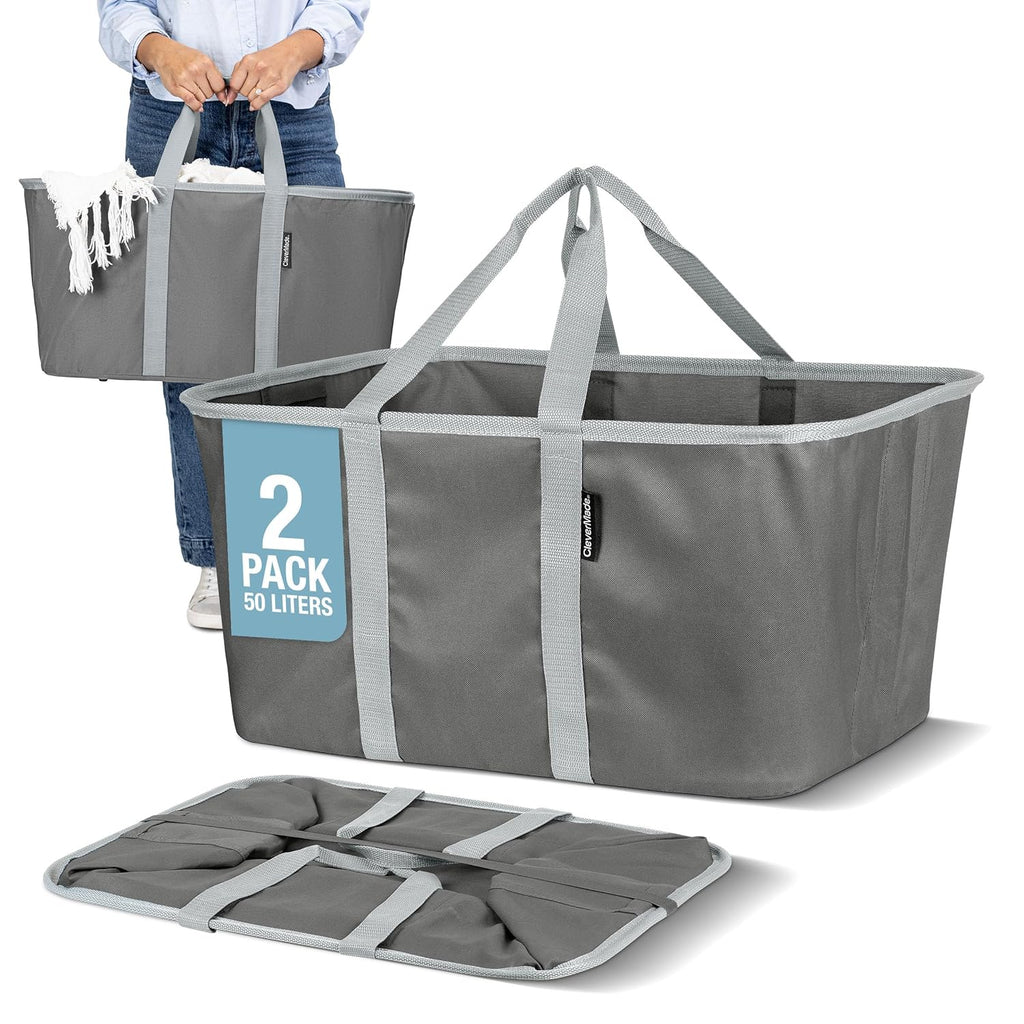 CleverMade Collapsible Laundry Tote 2-Pack (50L) – Foldable Carry-All Storage Bin for Laundry, Car Trunk, RV, Dorm & Home Organization - Charcoal