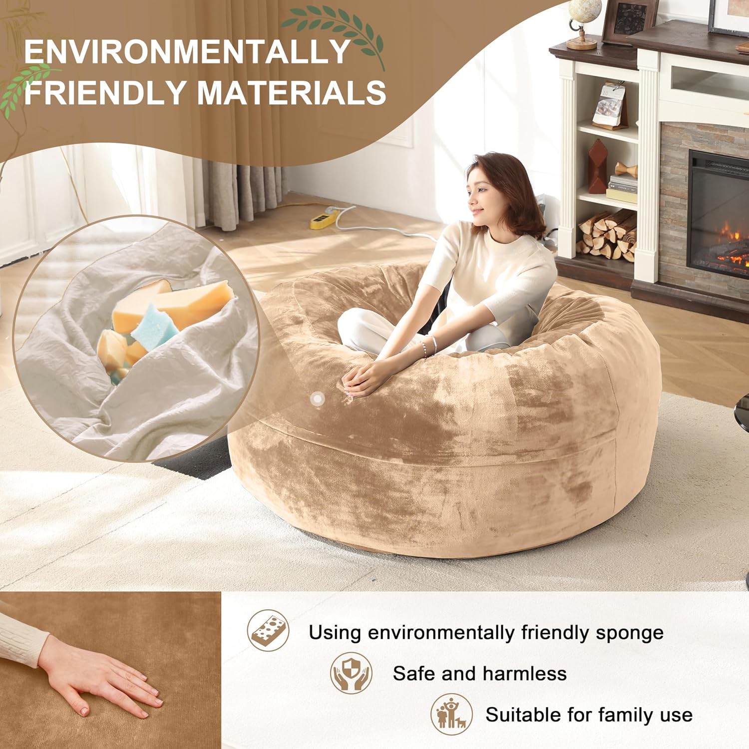 Bean Bag Chair for Adults Soft Comfy Bean Bag for Adults, Cozy Reading Chair, Large Round Bean Bag Couch, Versatile Living Room & Bedroom Chairs (Apricot, 4FT)