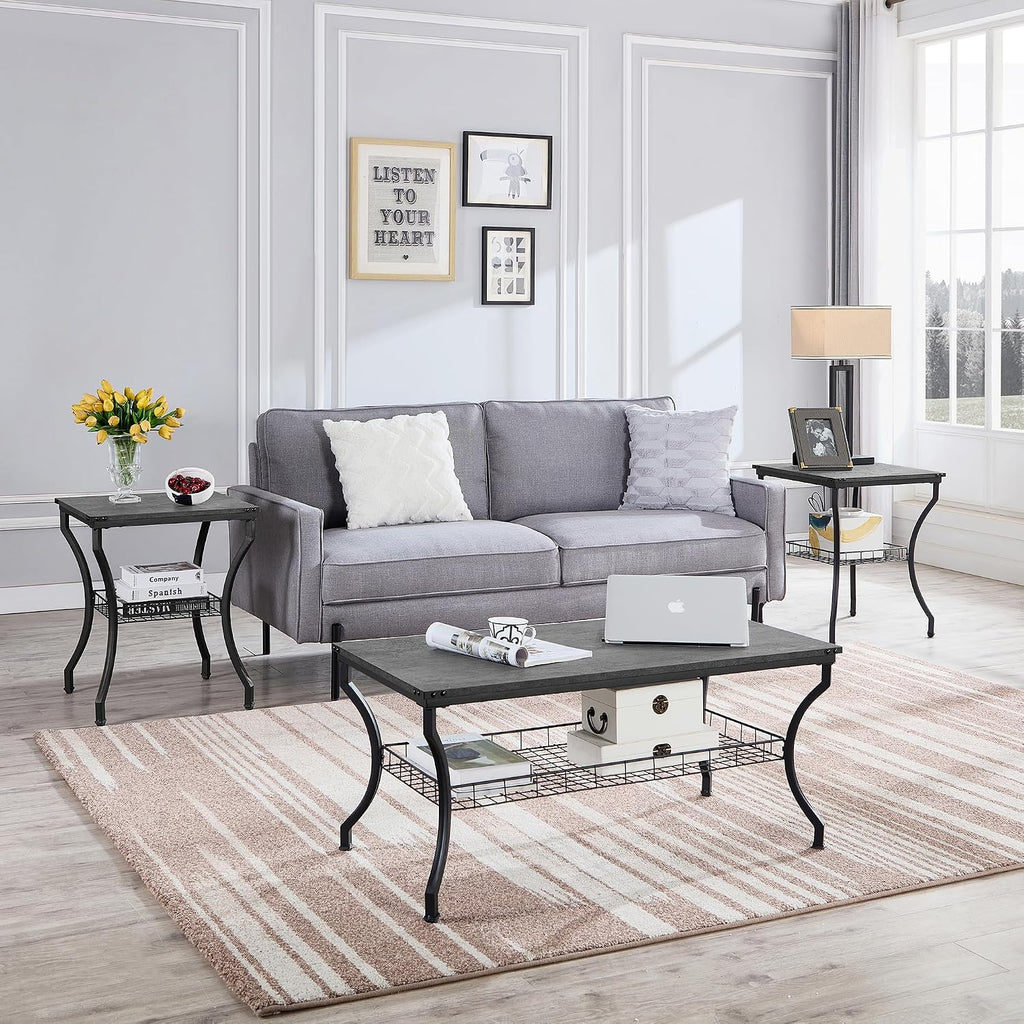 VECELO 3 Pieces Living Room Table Sets, Coffee and End Tables with Open Storage Shelves for Apartment, Home Office, Small Space, Easy Assembly, Dark Grey
