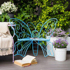 49 Inch Outdoor Bench, Blue Garden Bench with Metal Frame, Weatherproof Butterfly Front Porch Benches for Lawn, Garden, Yard, Balcony