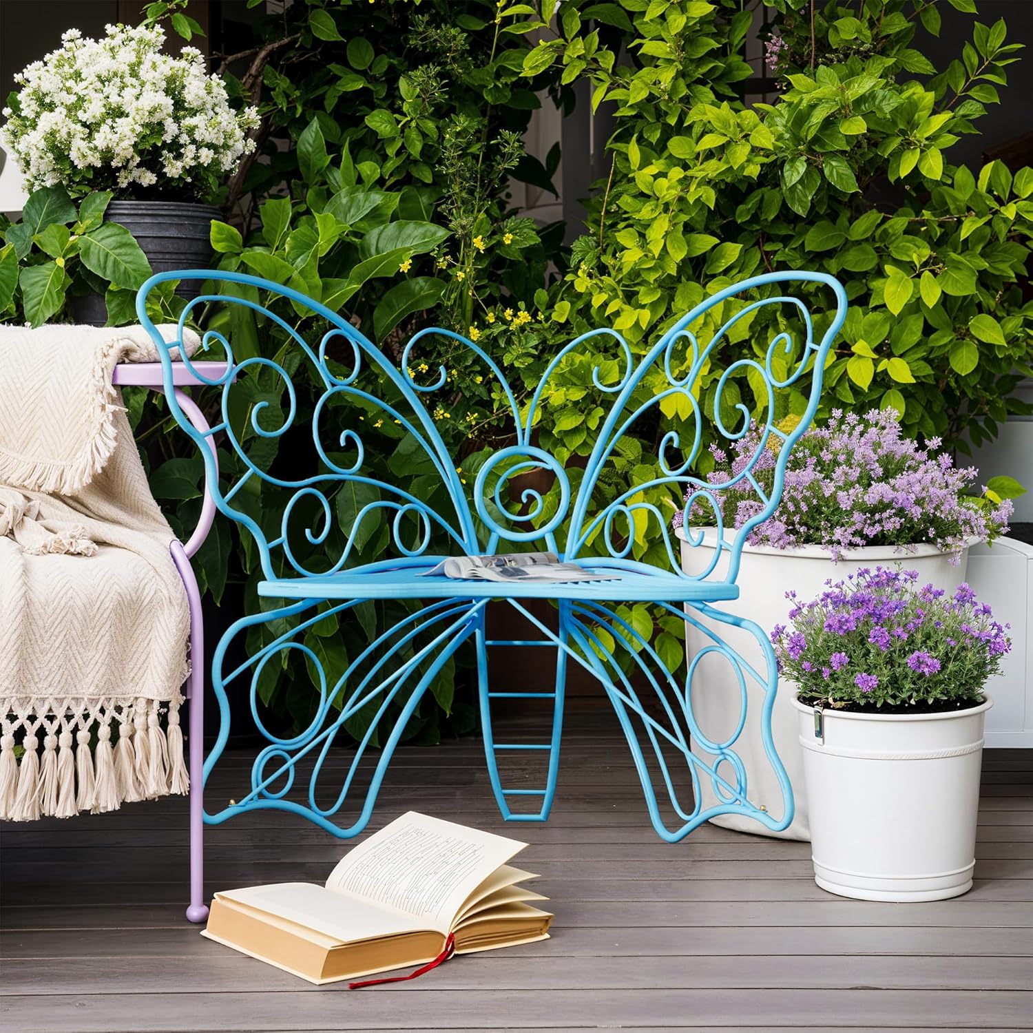49 Inch Outdoor Bench, Blue Garden Bench with Metal Frame, Weatherproof Butterfly Front Porch Benches for Lawn, Garden, Yard, Balcony