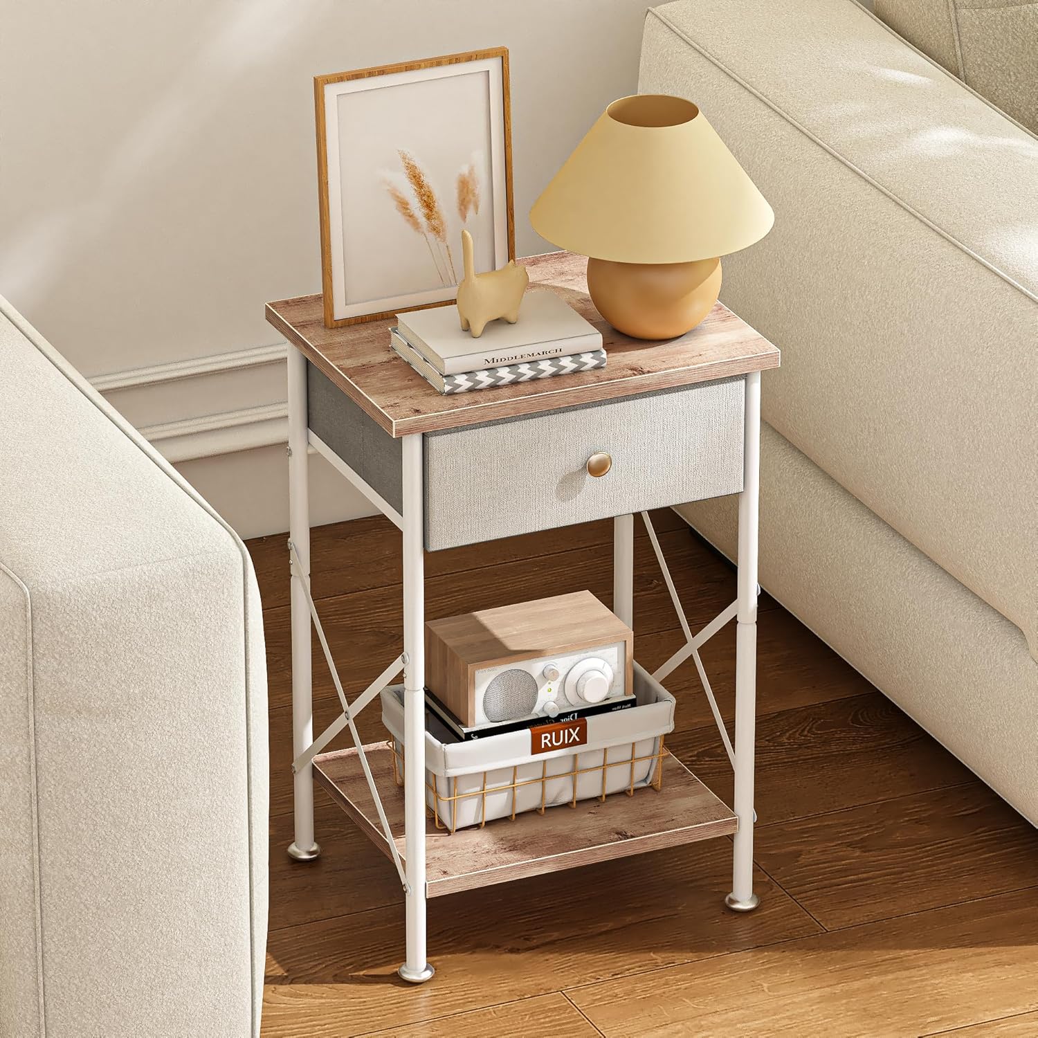 VECELO End Tables, Modern Nightstand with Fabric Drawer & Open Shelf, Night Stand for Bedroom Living Room, Industrial Metal Frame, Easy Assembly, Grey,2 Pack