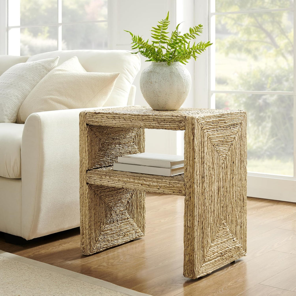 Crosley Furniture Marella Handwoven Banana Leaf End Table, Rattan Side Tables, Banana Leaf