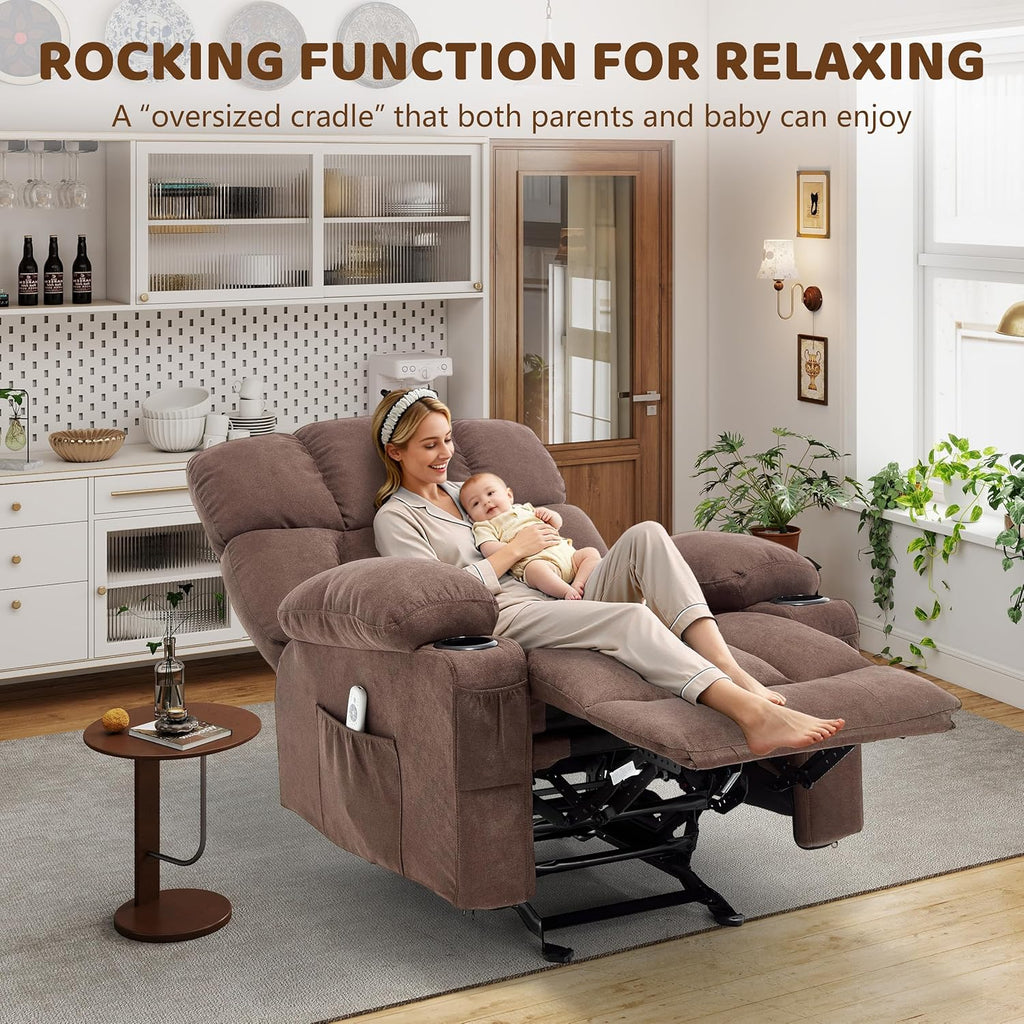 Massage Rocking Recliner Chair, Ergonomic Recliners Sofa with Vibration Massage & Heat, Rocking Chair Nursery Chair for Living Room Lounge with 4 Pockets, 2 Cup Holders, USB Charge Port, Brown