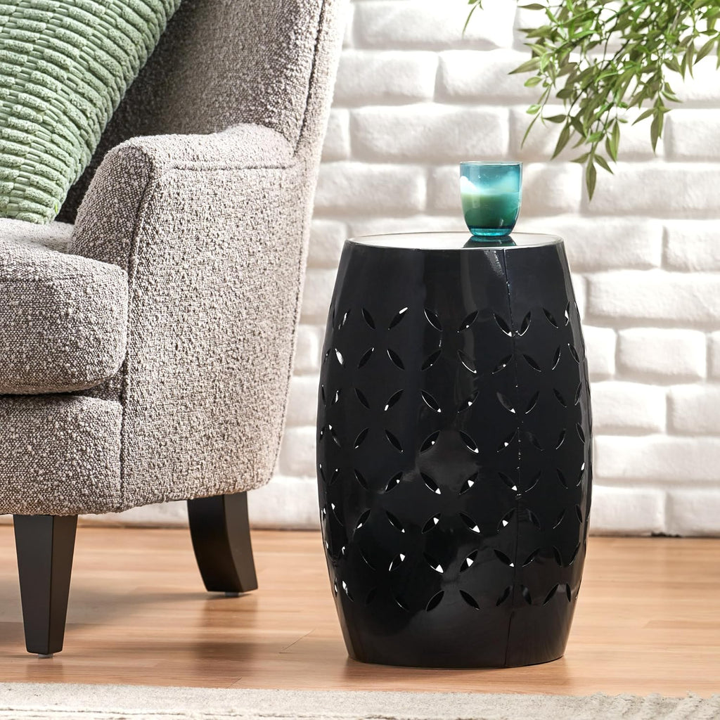 12" Weather Resistant Side Table, End Table with Metal Craft, Accent Table with Cutout Pattern for Indoor Outdoor Living Spaces, Black