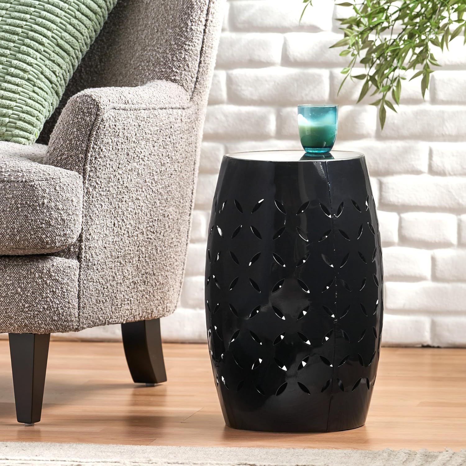 12" Weather Resistant Side Table, End Table with Metal Craft, Accent Table with Cutout Pattern for Indoor Outdoor Living Spaces, Black