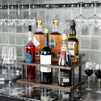 KLM Coffee Syrup Organizer, 2 Tier Wooden Small Display Shelf (6 Bottle Capacity),Syrup Bottle Sturdy Holder for Coffee Bar, Kitchen Countertop Syrups, Condiments and Wine