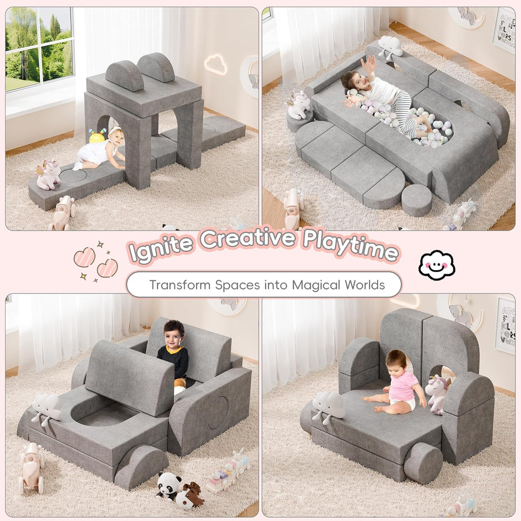 Betterhood 14pcs Modular Kids Play Couch, 1000+DIY Versatile Kids Couch Building Fort, Child Sectional Sofa for Playroom Bedroom, Convertible Foam Sofa for Boys & Girls (Grey)