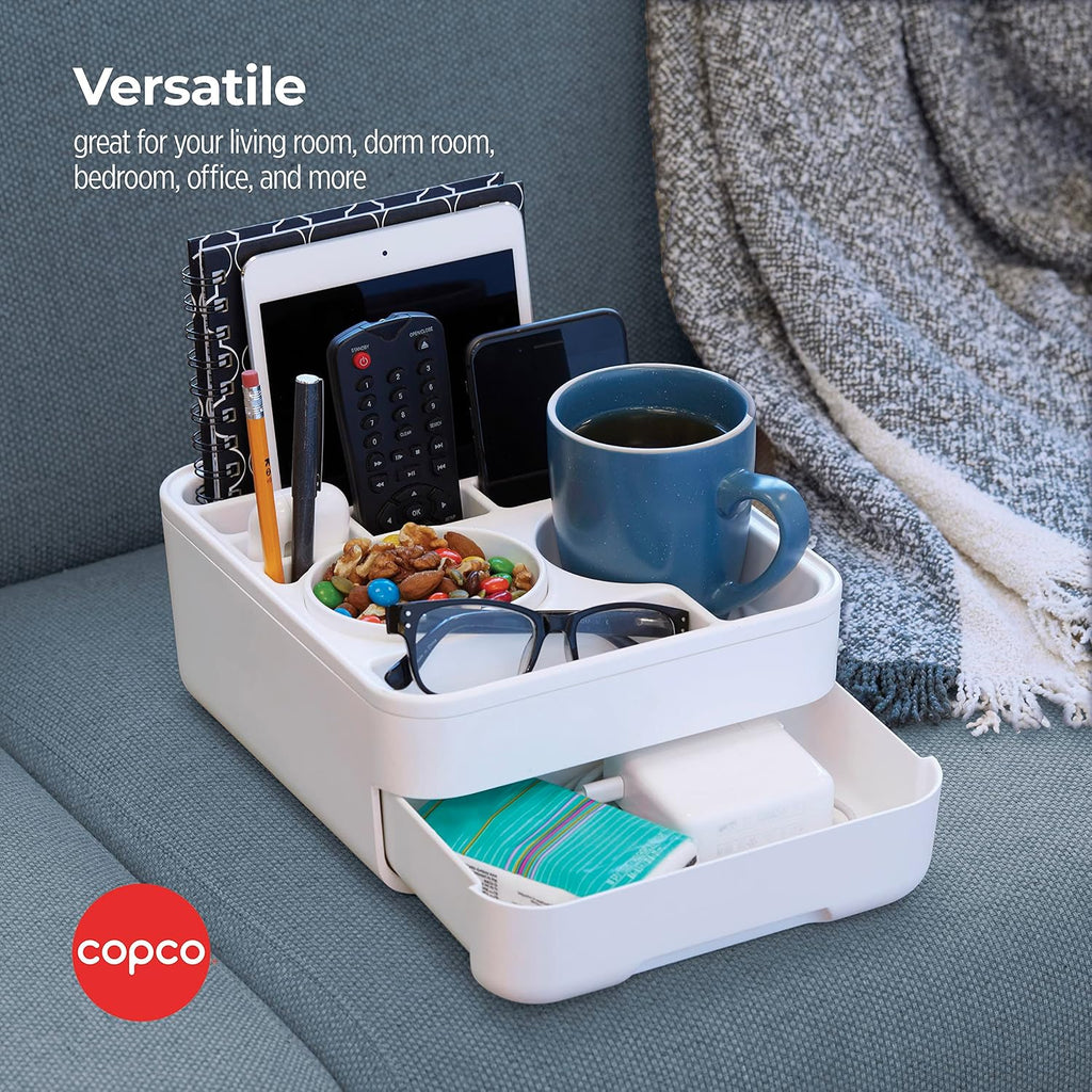 Copco Home Office Caddy Lazy Susan Organizer with Removable Snack Cup and Drawer - Desktop Turntable Storage for Snacks, Tablets, Phones, Remotes, Headphones - 10 x 8.5 x 4.5 Inches