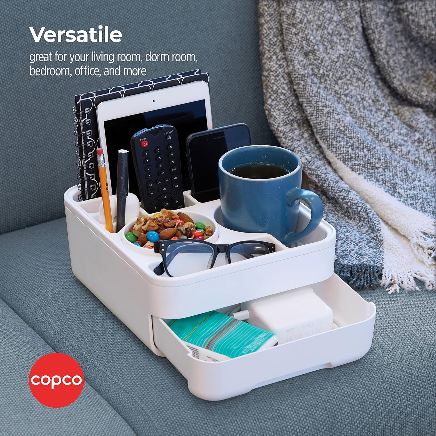 Copco Home Office Caddy Lazy Susan Organizer with Removable Snack Cup and Drawer - Desktop Turntable Storage for Snacks, Tablets, Phones, Remotes, Headphones - 10 x 8.5 x 4.5 Inches