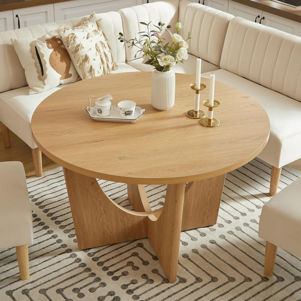Round Dining Table Set with Loveseat & Chairs, 47 Inch Farmhouse 5-Piece Round Table Setting for 4 to 6, Wood Circle Table and Chairs Set for Kitchen,Breakfast Nook, Indoor Conversational Seating
