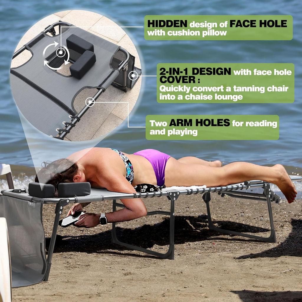 MUPATER Tanning Chair with Face Hole, Patio Chaise Lounge Chair with 5-Position Adjustable Backrest, Removable Pillow & Pocket, Folding Lounger Recliner for Beach, and Pool Sunbathing, Gray