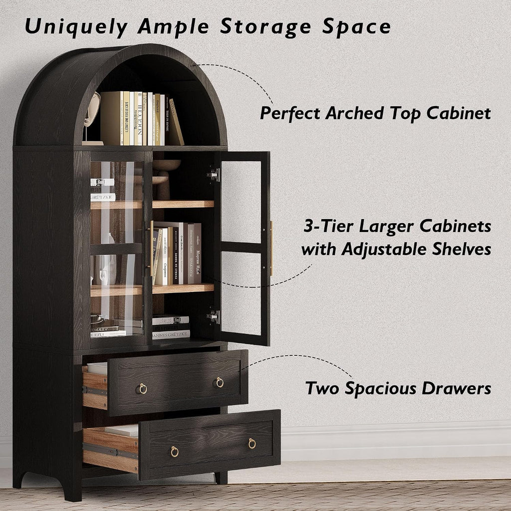 HRVEOCEI Black Arched Cabinet with Glass Doors, Tall Arch Kitchen Pantry with 2 Large Drawers & Adjustable Shelves/Golden Handles, Wood Hutch Cabinet for Kitchen, Dining Room, Living Room
