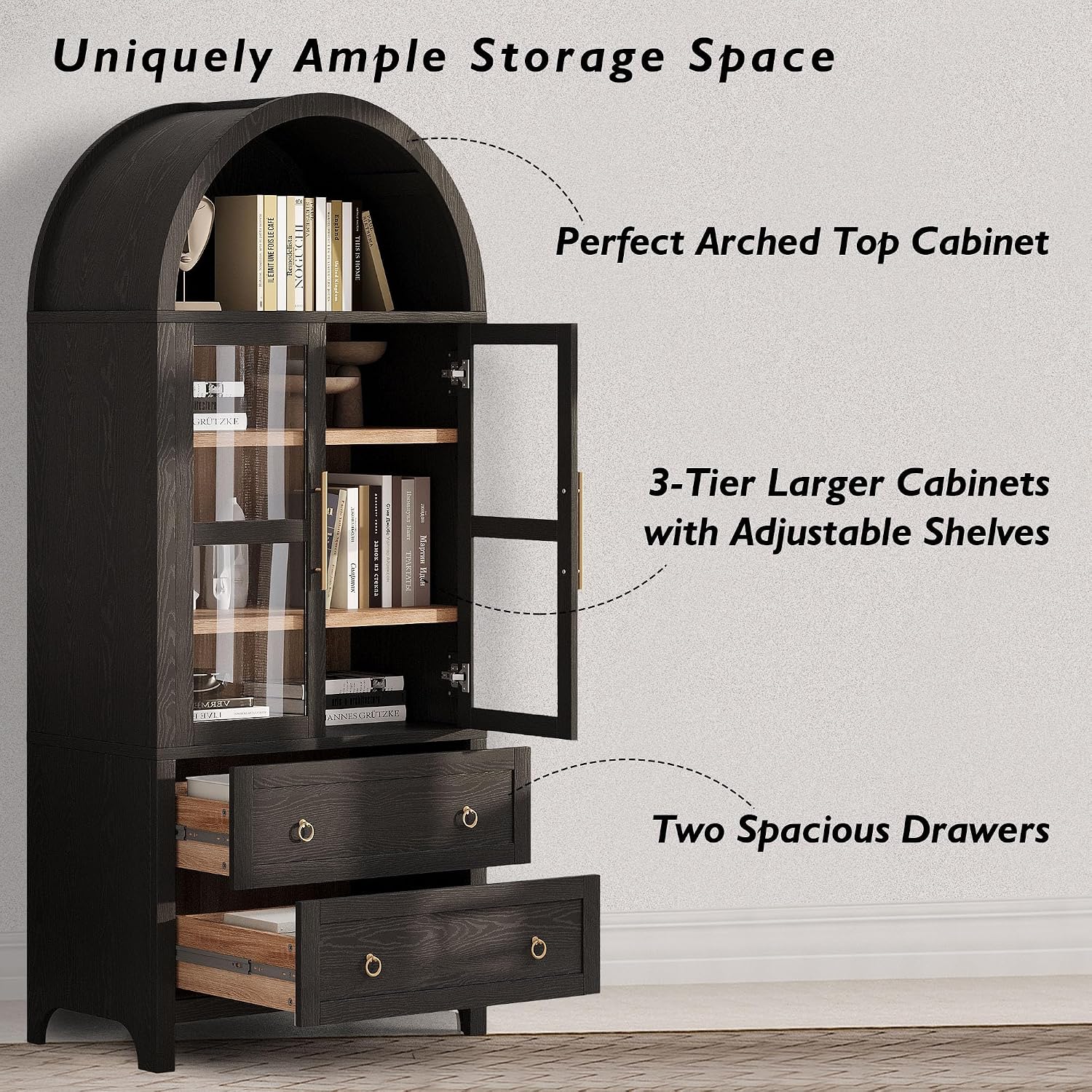 HRVEOCEI Black Arched Cabinet with Glass Doors, Tall Arch Kitchen Pantry with 2 Large Drawers & Adjustable Shelves/Golden Handles, Wood Hutch Cabinet for Kitchen, Dining Room, Living Room