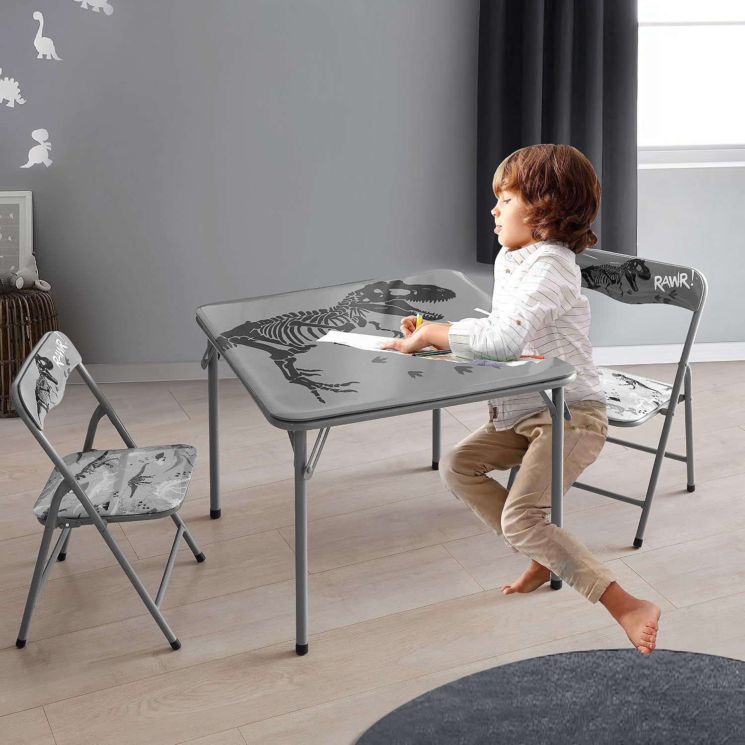 Heritage Kids Dinosaur 3 Piece Table and Chair Set, Grey