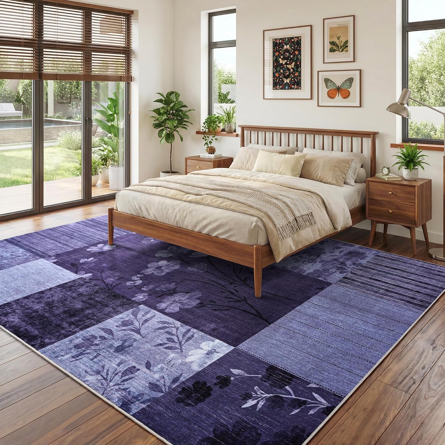Modern Area Rugs for Living Room, 4x6 Feet Geometric Patchwork Rug, Washable Non-Slip Indoor Low Pile Carpets for Bedroom Dining Room Office Playroom Home Dorm Decor, Dark Purple