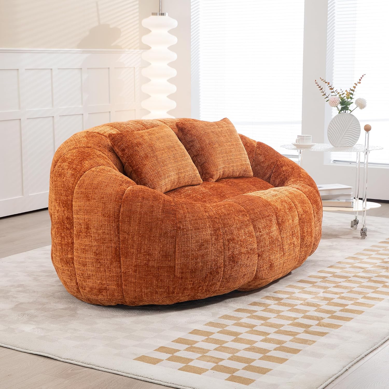 QQU Giant Bean Bag Chairs for Adult and Kids with 2 Pillows, 2-Seat Bean Bag Sofa with Armrest and Back, Chenille Loveseat Filling high -Density Foam, Large Lazy Sofa for Living Room, Bedroom,Orange