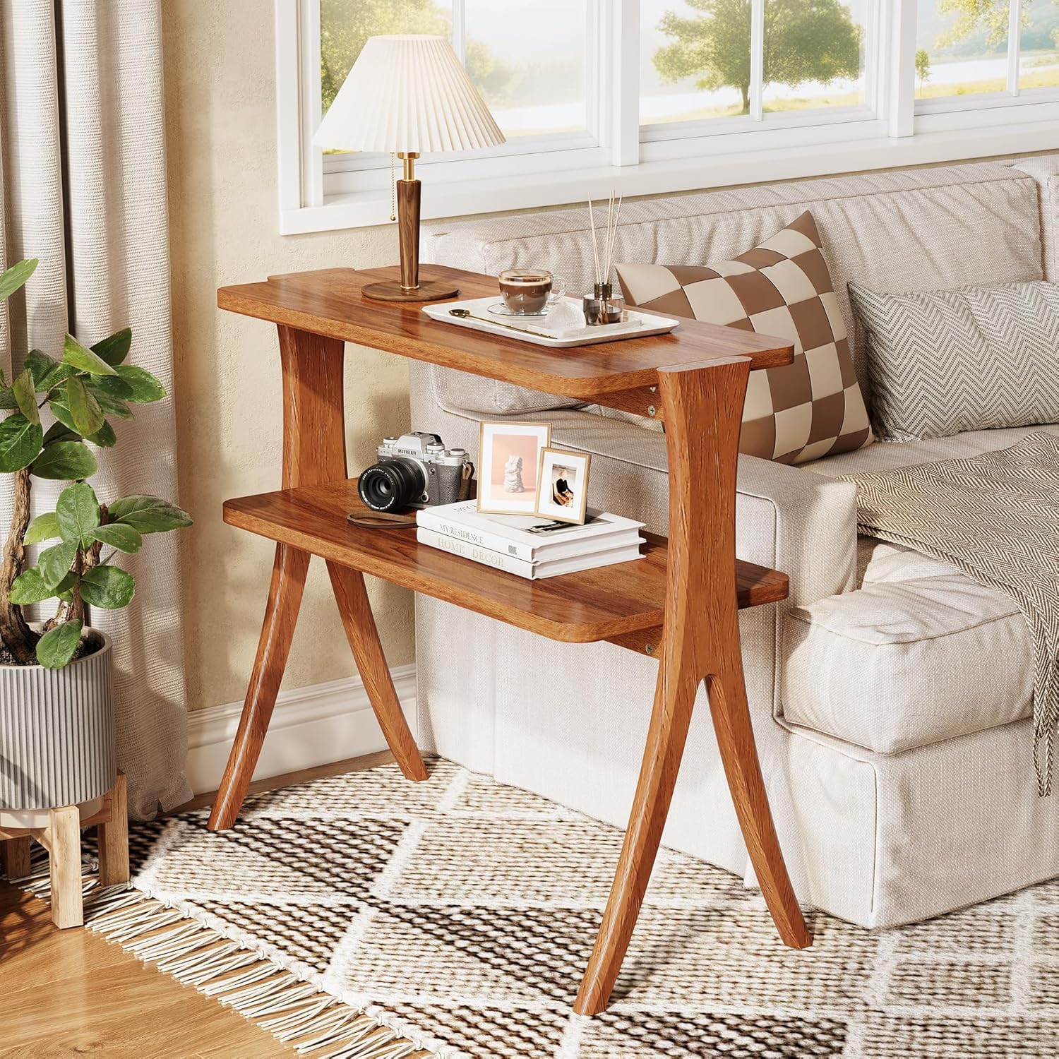 LITTLE TREE Narrow Side Table, 2-Tier Farmhouse End Table with Solid Wood Legs, Small Side Table, Space-Saver for Living Room, Bedroom, Entryway (Walnut)